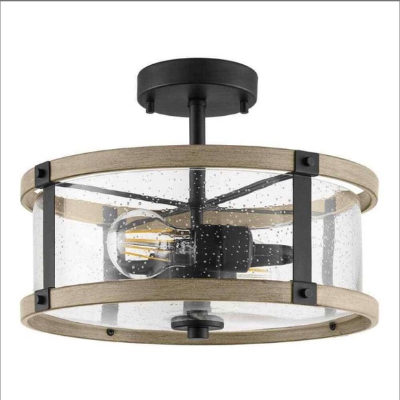 Hampton Bay Richland 2-Light Grey Wood Semi Flush Mount Clear Seedy Glass - Picture 1 of 2